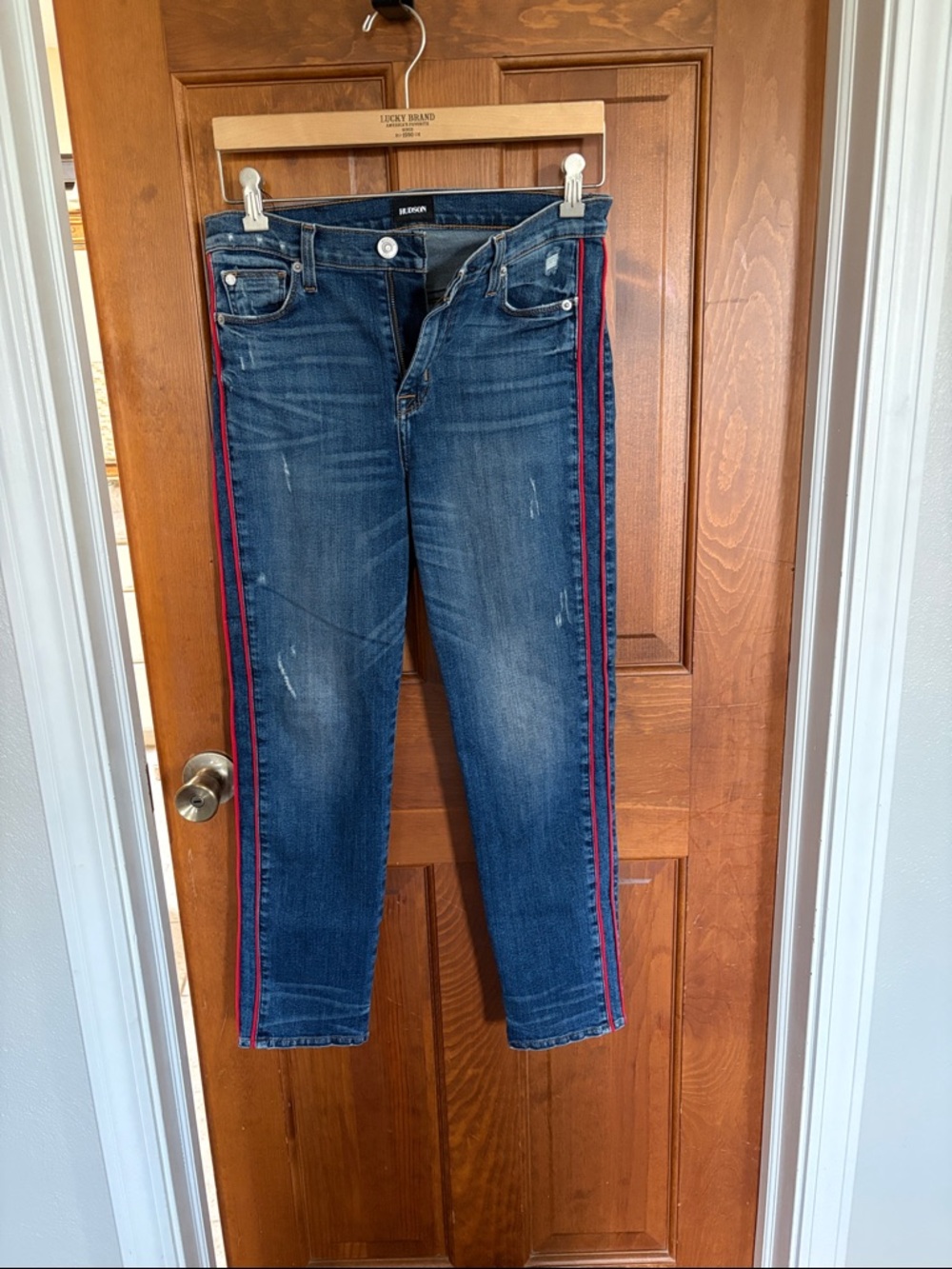 Hudson Dark Wash Skinny Jeans with Red Side Stripe